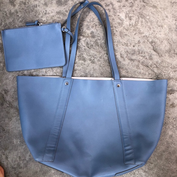 Zara reversible oversized tote bag blue / silver grey with pouch - Picture 8 of 11